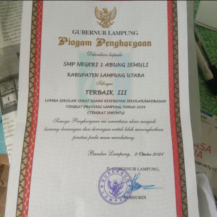 SMPN 1 Abung Semuli Raih Juara 3 Lomba Sekolah Sehat Tingkat Provinsi Lampung 2024