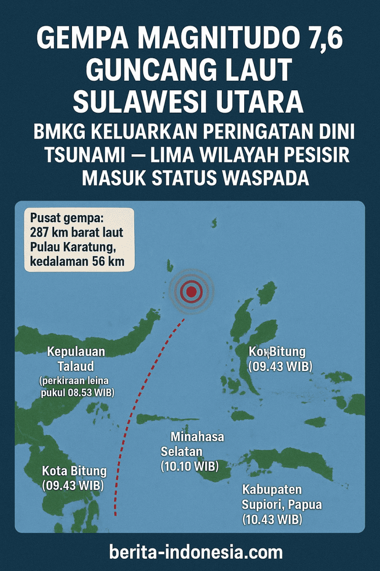 Gempa Magnitudo 7,6 Guncang Laut Sulawesi Utara, BMKG Keluarkan Peringatan Dini Tsunami — Lima Wilayah Pesisir Masuk Status Waspada