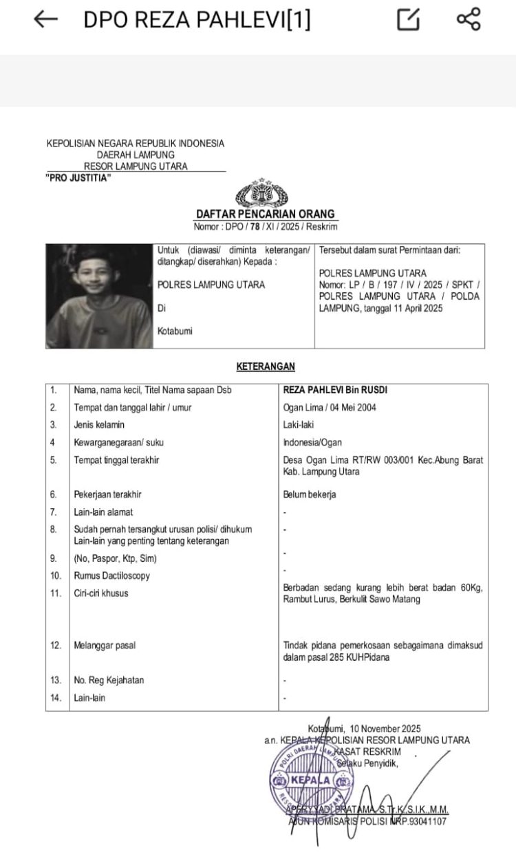 Satu Tersangka Pemerkosaan di Lampung Utara Menunggu Vonis, Satu Lagi Masuk DPO dan Masih Diburu Polisi